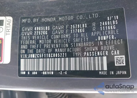 2019 Honda Clarity Plug-In Hybrid from USA, damaged, VIN JHMZC5F11KC005221